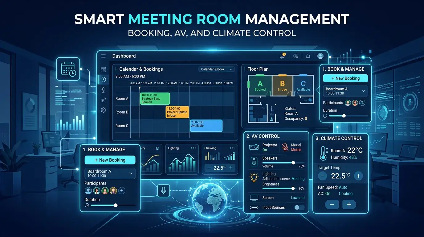 Smart meeting room management with automated booking, AV control systems, and intelligent climate control for modern workplaces